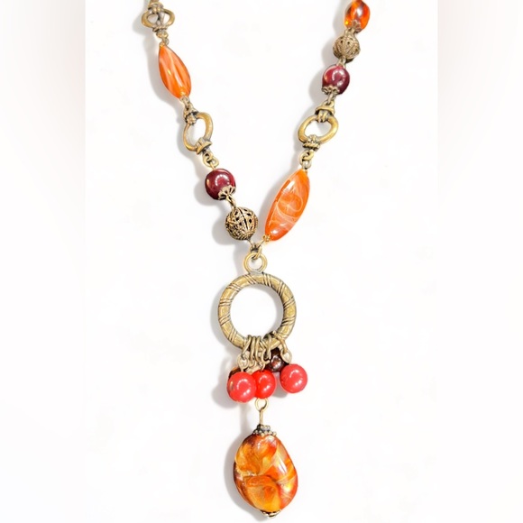 Jewelry - J002. Beautiful Brass Fall colors Necklace 24” length plus drop